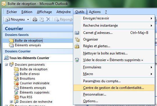 Capture décran - Outlook 2007, menu Outils Capture décran - Outlook 2007, menu Outils