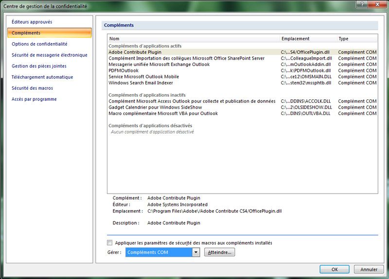 Capture décran - Outlook 2007, centre de gestion de la confidentialité Capture décran - Outlook 2007, centre de gestion de la confidentialité