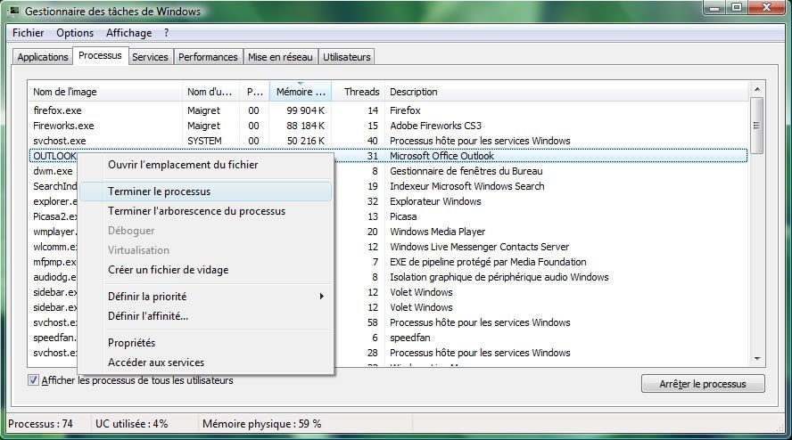 Capture d'écran - Gestionnaire des tâches de Windows, onglet Processus Capture d'écran - Gestionnaire des tâches de Windows, onglet Processus