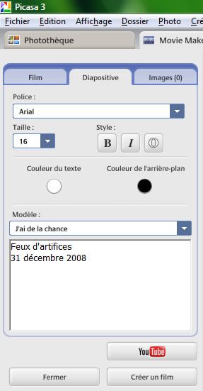 Capture d'écran - Picasa, création d'un film photographique Capture d'écran - Picasa, création d'un film photographique