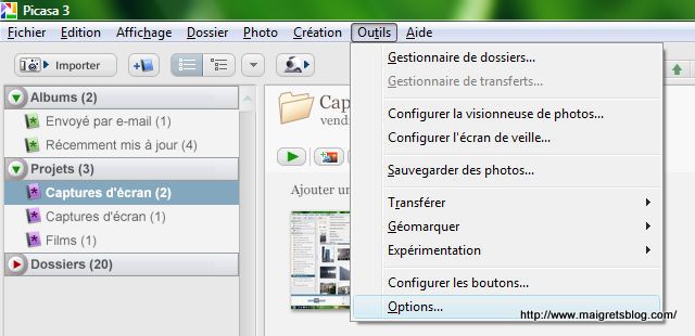 Capture d'écran - Picasa, menu Outils Capture d'écran - Picasa, menu Outils