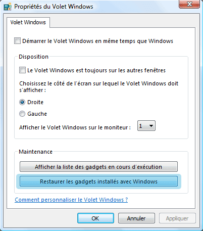 Propriétés du Volet Windows Propriétés du Volet Windows