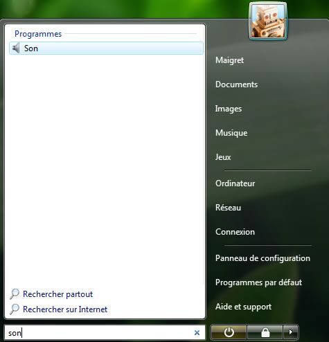 Capture d'écran - Menu Démarrer, saisie de la commande son Capture d'écran - Menu Démarrer, saisie de la commande son