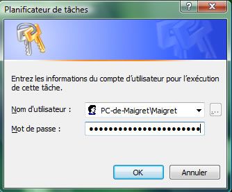 Capture d'écran - Planificateur de tâches, saisie du mot de passe utilisateur Capture d'écran - Planificateur de tâches, saisie du mot de passe utilisateur