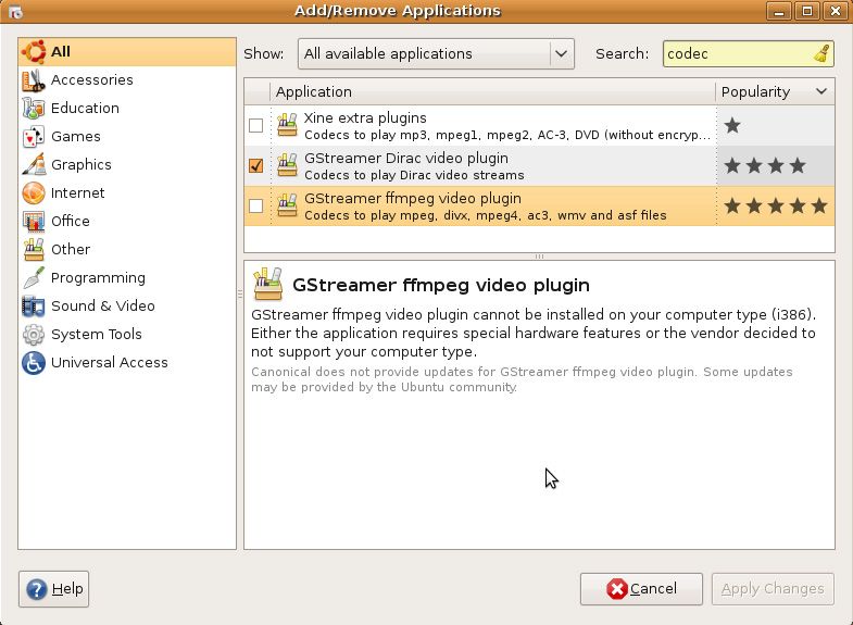 Capture décran - Recherche de codecs disponibles via le gestionnaire de paquets Capture décran - Recherche de codecs disponibles via le gestionnaire de paquets