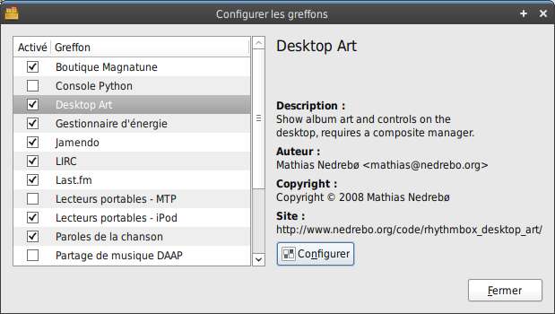 Capture d'écran - Rhythmbox, choix des greffons à utiliser Capture d'écran - Rhythmbox, choix des greffons à utiliser