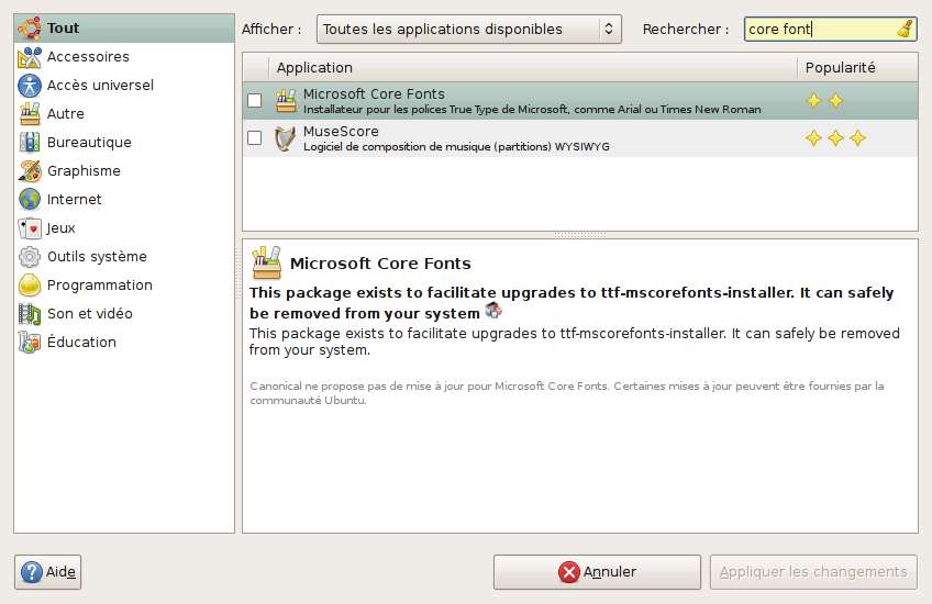 Capture décran - Gestionnaire de paquets, ajout de Microsoft Core Fonts Capture décran - Gestionnaire de paquets, ajout de Microsoft Core Fonts