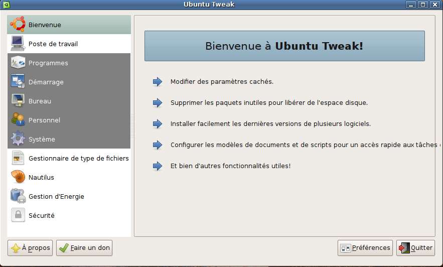 Capture décran - Ubuntu Tweak, fenêtre daccueil Capture décran - Ubuntu Tweak, fenêtre daccueil