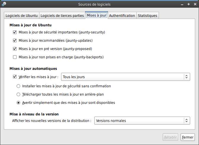 Capture décran - Préférences de mises à jour du système Capture décran - Préférences de mises à jour du système