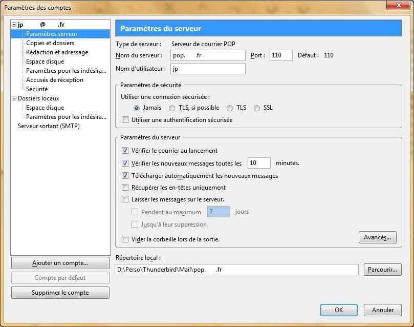 Capture décran - Thunderbird, paramètres des comptes Capture décran - Thunderbird, paramètres des comptes