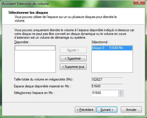 Capture d'écran - Extension d'une partition sous Vista Capture d'écran - Extension d'une partition sous Vista