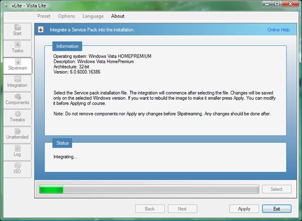 Capture d'écran - vLite, processus d'intégration du SP1 Capture d'écran - vLite, processus d'intégration du SP1