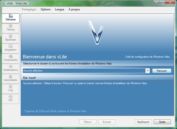 Capture d'écran - vLite, indication de l'emplacement des fichiers d'installation de Vista Capture d'écran - vLite, indication de l'emplacement des fichiers d'installation de Vista