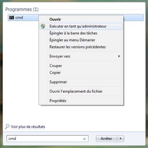 Capture décran - Menu Démarrer, exécution de lInvite de commandes en tant quadministrateur Capture décran - Menu Démarrer, exécution de lInvite de commandes en tant quadministrateur