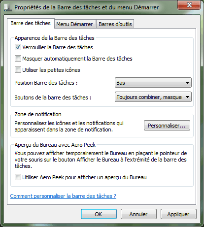 Capture décran - Propriétés de la barre des tâches Capture décran - Propriétés de la barre des tâches