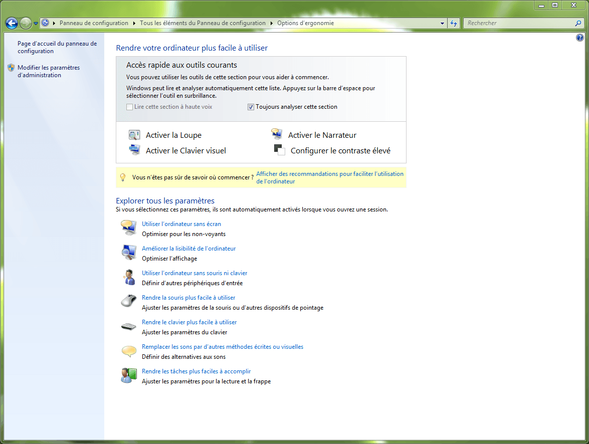 Capture décran - Options dérgonomie, panneau de configuration Capture décran - Options dérgonomie, panneau de configuration