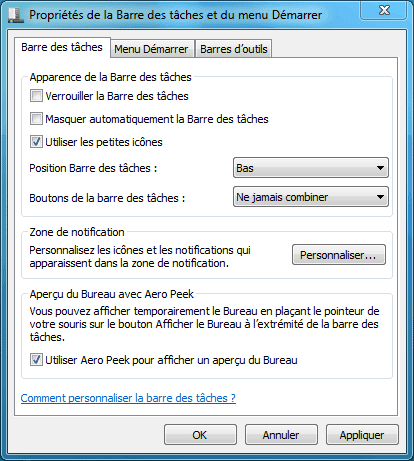 Propriétés de la barre des tâches Propriétés de la barre des tâches