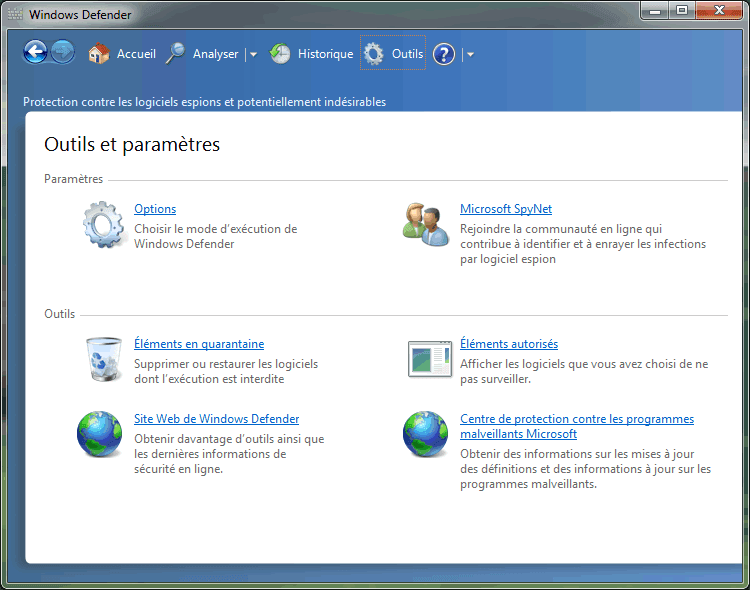 Capture décran - Options de Windows Defender Capture décran - Options de Windows Defender