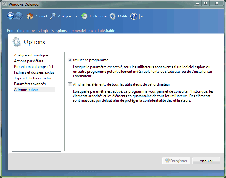 Capture décran - Options administrateur de Windows Defender Capture décran - Options administrateur de Windows Defender