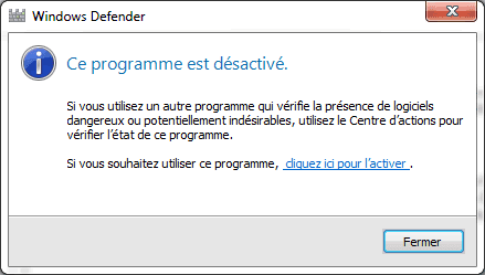 Capture décran - Windows Defender est désactivé Capture décran - Windows Defender est désactivé
