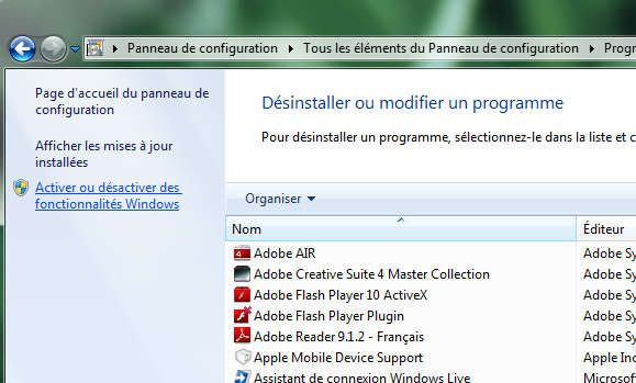 Capture décran - Windows Seven, liste des programmes installés Capture décran - Windows Seven, liste des programmes installés
