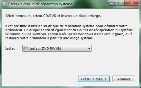 Capture décran - Assistant de création du disque de réparation Capture décran - Assistant de création du disque de réparation