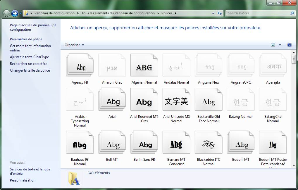 Capture décran - Windows 7, dossier de polices Capture décran - Windows 7, dossier de polices