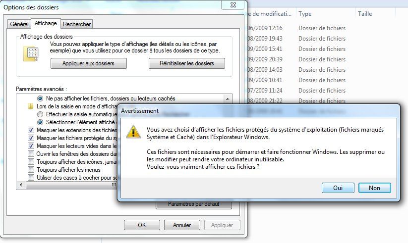Capture décran - Options des dossiers, avertissement de sécurité Capture décran - Options des dossiers, avertissement de sécurité