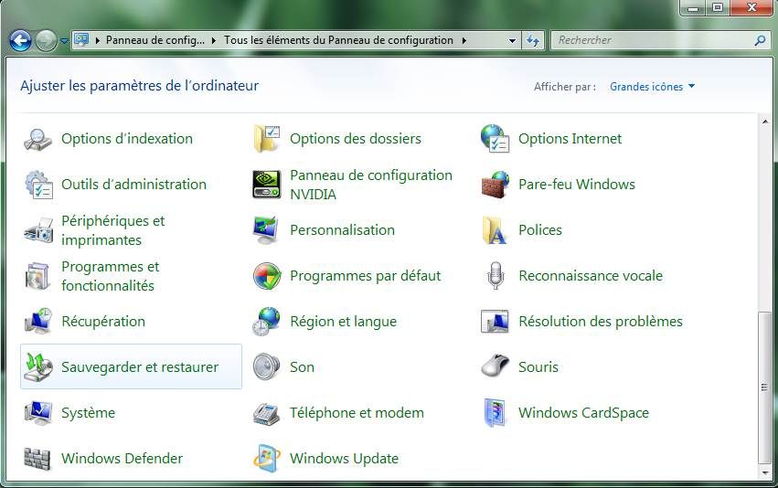 Capture décran - Module Sauvegarder et restaurer du Panneau de configuration Capture d'écran - Module Sauvegarder et restaurer du Panneau de configuration