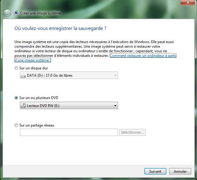 Capture décran - Assistant de création de limage système, choix de lemplacement de la sauvegarde Capture décran - Assistant de création de limage système, choix de lemplacement de la sauvegarde