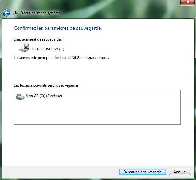 Capture d'écran - Assistant de création de l'image système, confirmation du processus