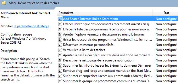 Capture décran - Configuration du paramètre Add Search Internet link to Start Menu Capture décran - Configuration du paramètre Add Search Internet link to Start Menu