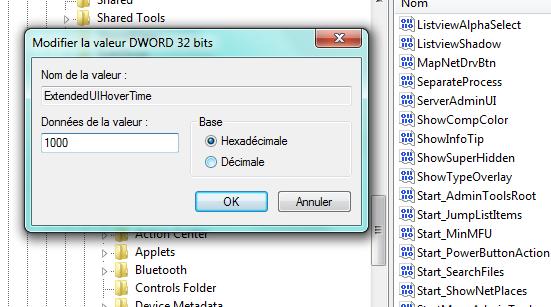 Capture décran - Editeur du Registre, modification de la valeur ExtendedUIHoverTime Capture décran - Editeur du Registre, modification de la valeur ExtendedUIHoverTime