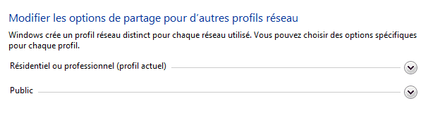 Capture décran du Centre Réseau et partage : Modifier les paramètres de partage avancées Capture décran du Centre Réseau et partage : Modifier les paramètres avancées de partage