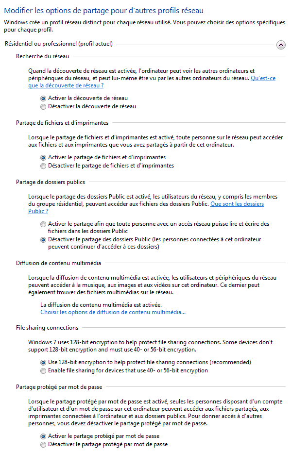 Capture décran du Centre Réseau et partage : Paramètres de partage avancées Capture décran du Centre Réseau et partage : Paramètres de partage avancées