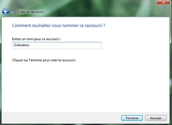 Capture décran - Saisie de lintitulé du raccourci Capture décran - Saisie de lintitulé du raccourci