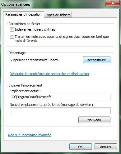 Capture d'écran - Options d'indexation, processus de remise à zéro Capture d'écran - Options d'indexation, processus de remise à zéro