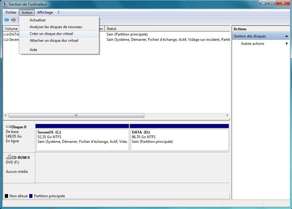 Capture décran - Gestion des disques, création dun disque dur virtuel Capture décran - Gestion des disques, création dun disque dur virtuel