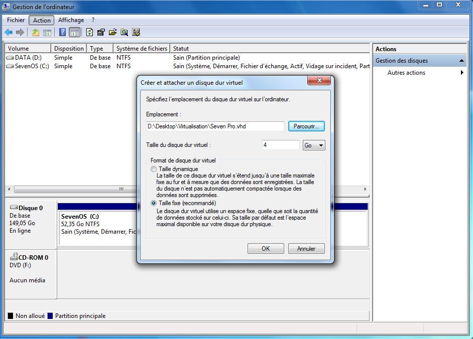 Capture décran - Gestion des disques, paramètres de création du disque virtuel Capture décran - Gestion des disques, paramètres de création du disque virtuel