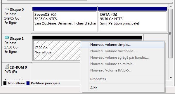 Capture décran - Gestion des disques, création dun nouveau volume Capture décran - Gestion des disques, création dun nouveau volume