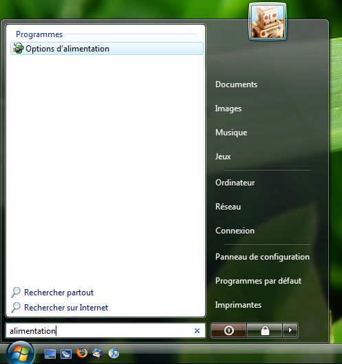 Capture décran - Menu Démarrer, recherche du module Options dalimentation Capture décran - Menu Démarrer, recherche du module Options dalimentation