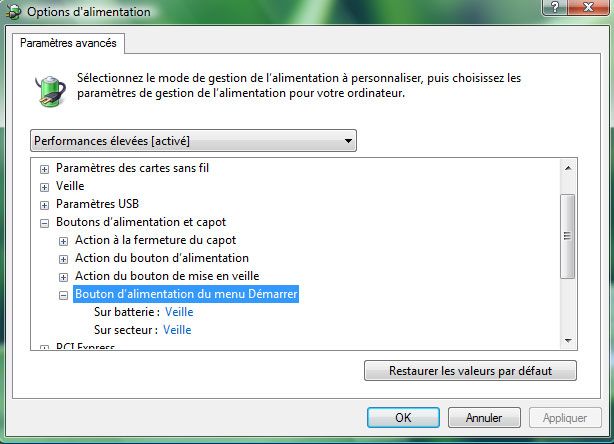 Capture décran - Choix de laction du bouton du menu Démarrer Capture décran - Choix de laction du bouton du menu Démarrer