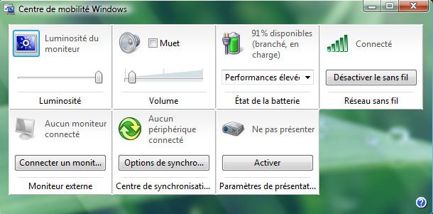 Capture décran - Centre de mobilité Windows sous Vista Capture décran - Centre de mobilité Windows sous Vista