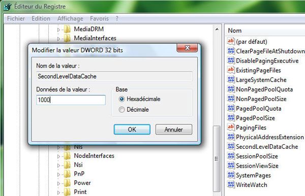 Capture d'écran - Editeur du Registre, modification pour un processeur avec 4 Mo de cache (4096 Ko) Capture d'écran - Editeur du Registre, modification pour un processeur avec 4 Mo de cache (4096 Ko)