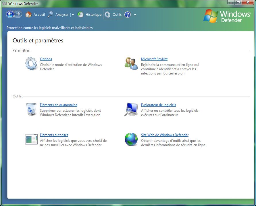 Capture décran - Windows Defender, module Outils Capture décran - Windows Defender, module Outils