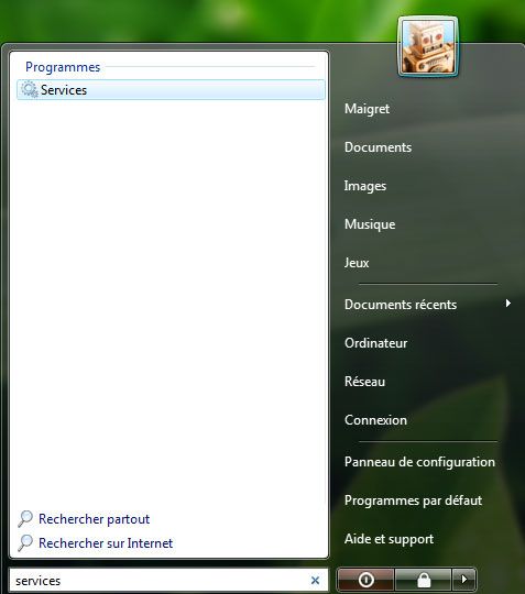Capture décran - Menu Démarrer, module Services Capture décran - Menu Démarrer, module Services