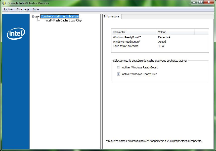 Capture décran - Module dadministration de la Intel Turbo Memory Capture décran - Module dadministration de la Intel Turbo Memory