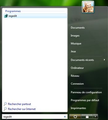 Capture décran - Menu Démarrer, commande regedit Capture décran - Menu Démarrer, commande regedit