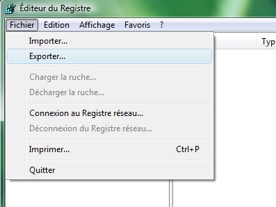 Capture décran - Editeur du Registre, menu Fichier Capture décran - Editeur du Registre, menu Fichier