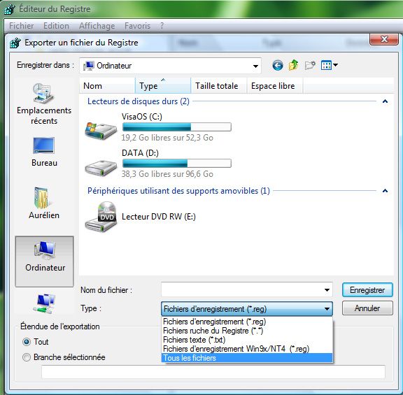Capture décran - Module dexportation du registre Capture décran - Module dexportation du registre